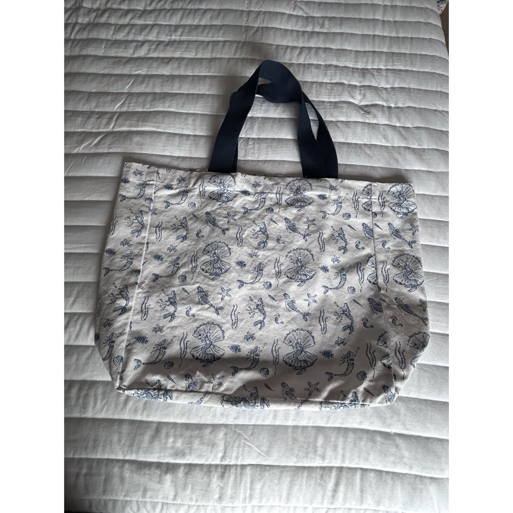 100% Cotton‎ Blue And White Canvas Tote Bag With Mermaid Pattern
